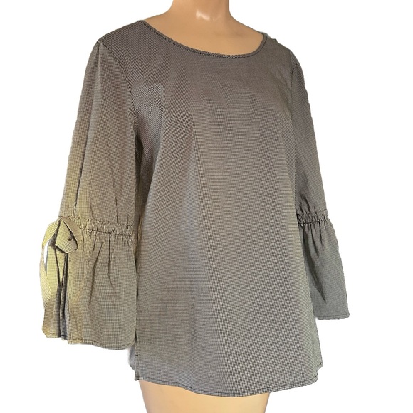 J. Crew Black & White Micro Gingham Blouse with Bow Tie Bell Sleeves Size Small - Picture 3 of 5